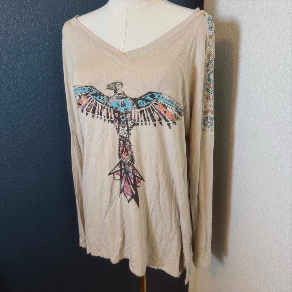 Western Boho Rhinestone Rock 47 by Wrangler Long Sleeve Tee Medium Tan